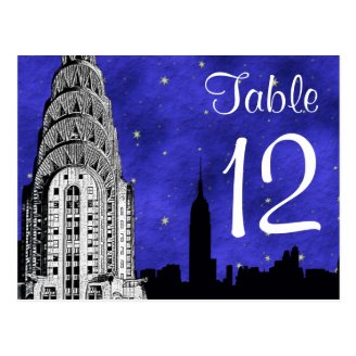 NYC Skyline Silhouette Chry Blu Strry Table Number Postcard