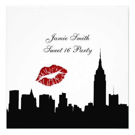 NYC Skyline Silhouette, Kiss ESB #1 BW Sweet 16 SQ Invitations