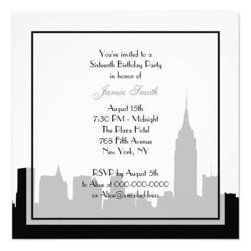 NYC Skyline Silhouette, Kiss ESB #1 BW Sweet 16 SQ Invitations