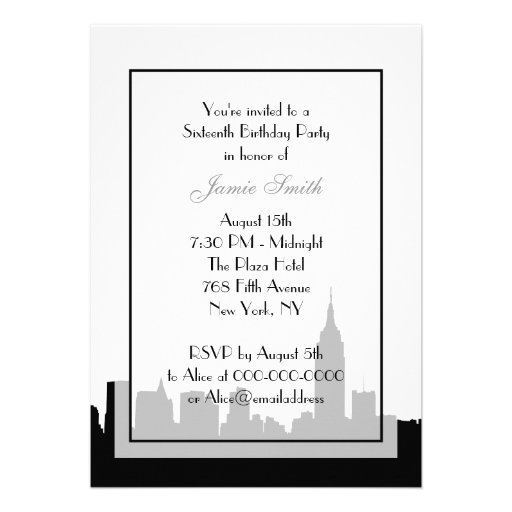 NYC Skyline Silhouette, Kiss ESB #1 BW Sweet 16 V Personalized Announcement