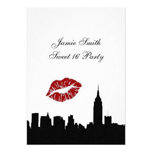 NYC Skyline Silhouette, Kiss ESB #1 BW Sweet 16 V Personalized Announcement