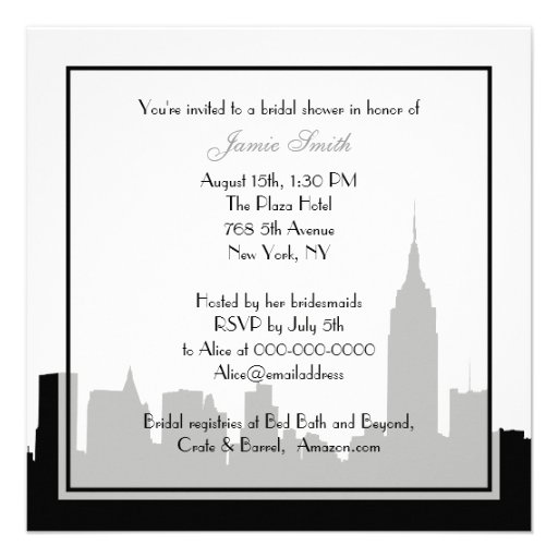 NYC Skyline Silhouette, Kiss ESB Bridal Shower SQ Personalized Invitation