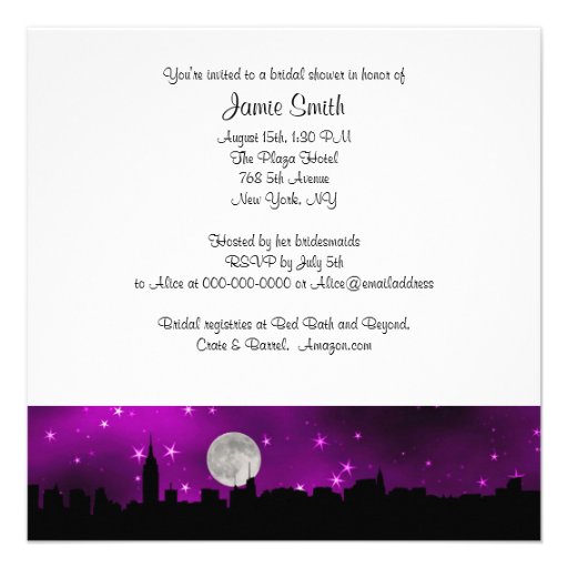 NYC Skyline Silhouette Moon Purpl Bridal Shower SQ Personalized Invite