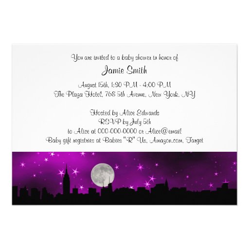 NYC Skyline Silhouette Moon Purple Baby Shower Announcements