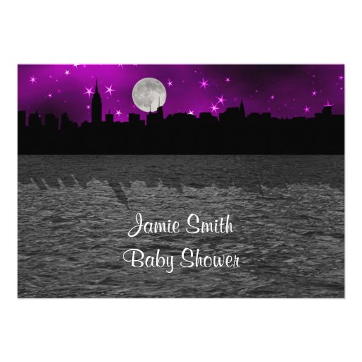 NYC Skyline Silhouette Moon Purple Baby Shower Announcements