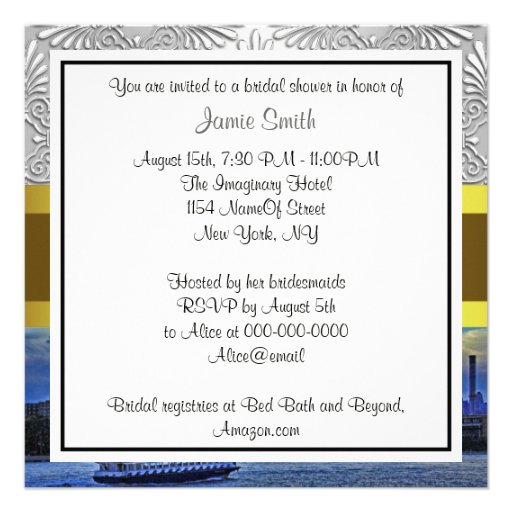 NYC Sunset Skyline ESB White Damask Bridal Shower Announcements
