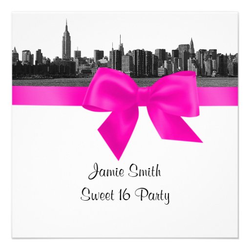 NYC Wide Skyline Etch BW Hot Pink Sweet Sixteen SQ Invitations