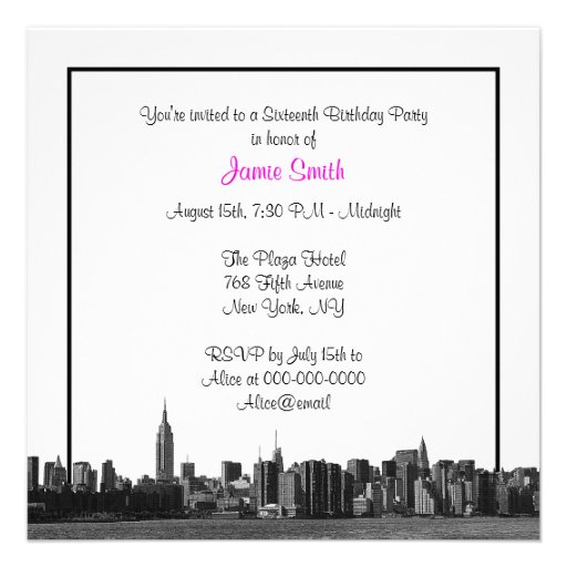 NYC Wide Skyline Etch BW Hot Pink Sweet Sixteen SQ Invitations