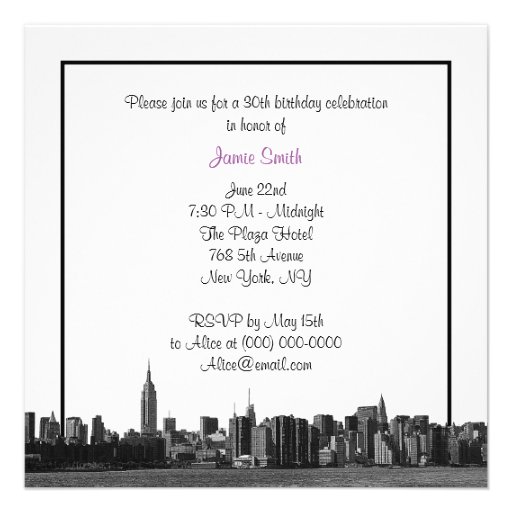 NYC Wide Skyline Etch BW Lilac Birthday Pty SQ Custom Announcement