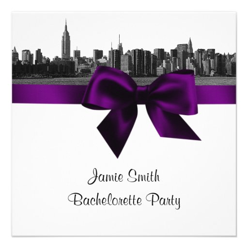 NYC Wide Skyline Etch BW Purple Bachelorette SQ Personalized Invite