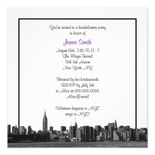 NYC Wide Skyline Etch BW Purple Bachelorette SQ Personalized Invite