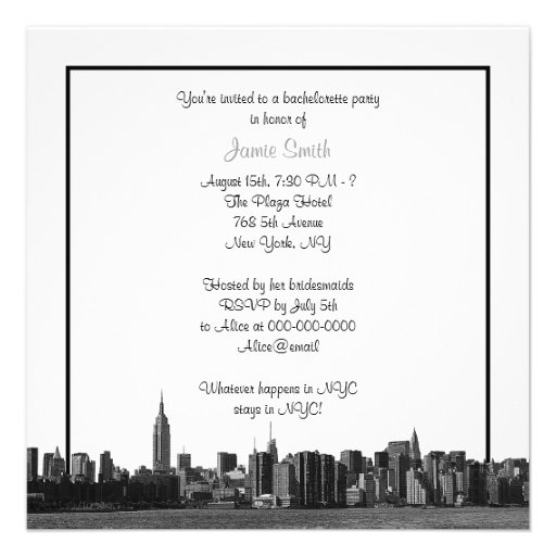 NYC Wide Skyline Etch BW Yellow Bachelorette SQ Invites