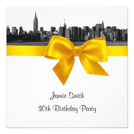 NYC Wide Skyline Etch BW Yellow Birthday Pty SQ Personalized Announcement
