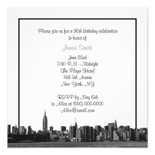 NYC Wide Skyline Etch BW Yellow Birthday Pty SQ Personalized Announcement