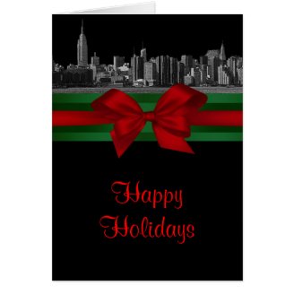 NYC Wide Skyline Etched BW Christmas Holiday 2 Greeting Cards