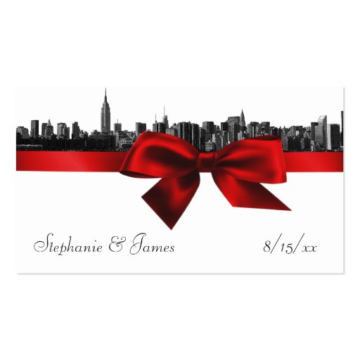 NYC Wide Skyline Etched BW Dark Red Escort Cards Business Card Template (front side)