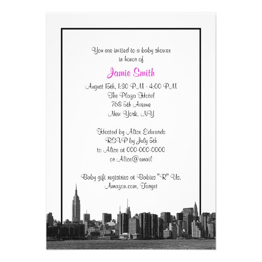 NYC Wide Skyline Etched BW Hot Pink Baby Shower Invitation