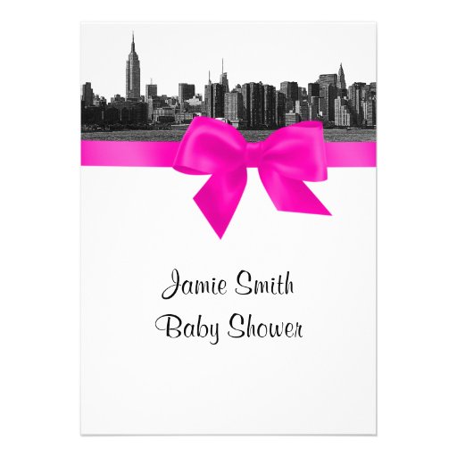 NYC Wide Skyline Etched BW Hot Pink Baby Shower Invitation