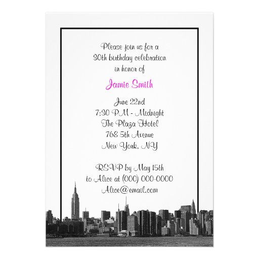 NYC Wide Skyline Etched BW Hot Pink Birthday Party Personalized Invitations