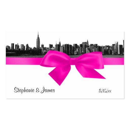 NYC Wide Skyline Etched BW Hot Pink Escort Cards Business Card Templates (front side)
