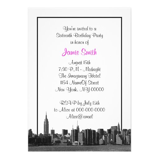 NYC Wide Skyline Etched BW Hot Pink Sweet 16 Custom Invitation