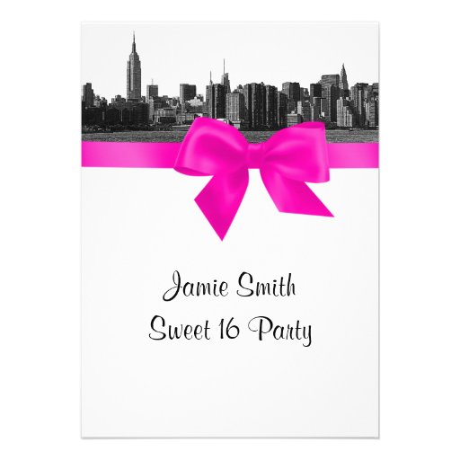 NYC Wide Skyline Etched BW Hot Pink Sweet 16 Custom Invitation
