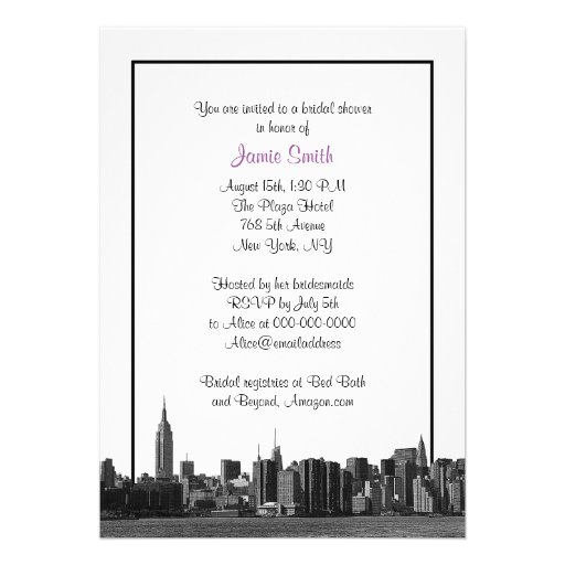 NYC Wide Skyline Etched BW Lilac Bridal Shower Invitations