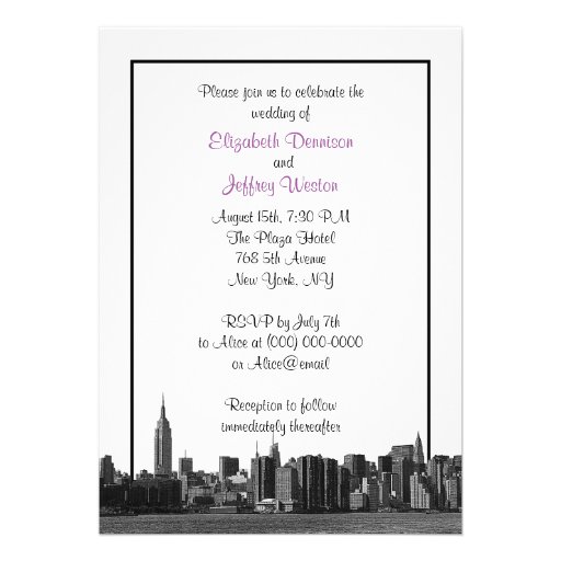 NYC Wide Skyline Etched BW Lilac Wedding Custom Announcement