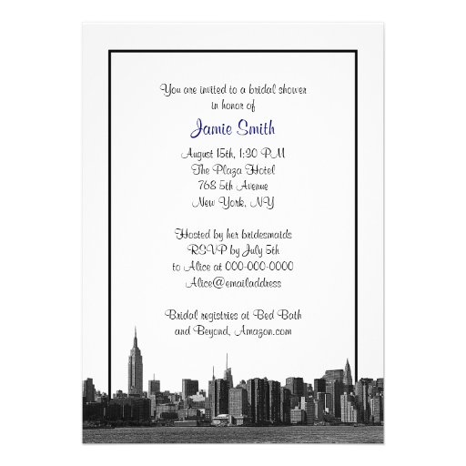 NYC Wide Skyline Etched BW Navy Blue Bridal Shower Personalized Invites