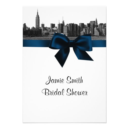 NYC Wide Skyline Etched BW Navy Blue Bridal Shower Personalized Invites