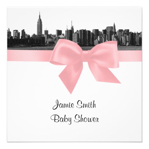 NYC Wide Skyline Etched BW Pink Baby Shower SQ Invitation