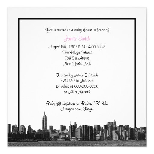 NYC Wide Skyline Etched BW Pink Baby Shower SQ Invitation