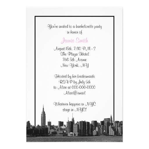 NYC Wide Skyline Etched BW Pink Bachelorette Party Invite