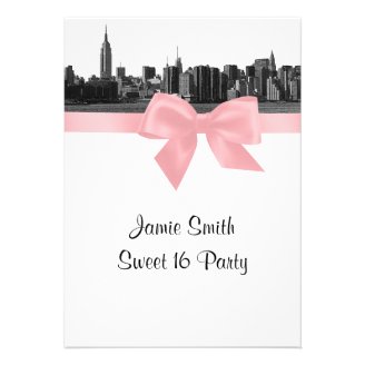 NYC Wide Skyline Etched BW Pink Sweet Sixteen Personalized Invitation