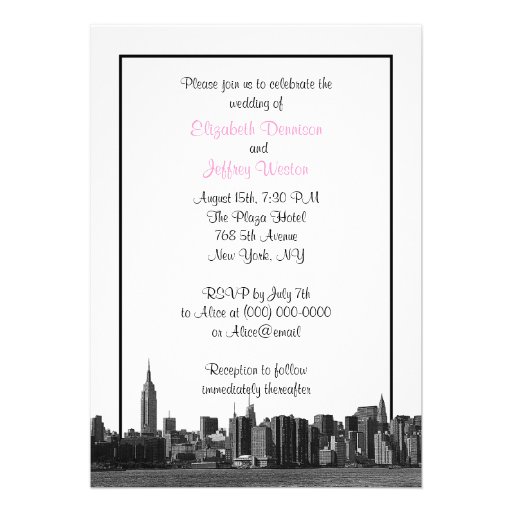 NYC Wide Skyline Etched BW Pink Wedding Custom Invite