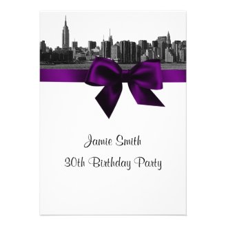 NYC Wide Skyline Etched BW Purple Birthday Party Personalized Announcement