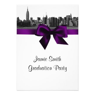 NYC Wide Skyline Etched BW Purple Graduation Personalized Invites