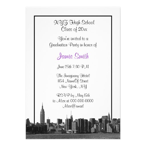 NYC Wide Skyline Etched BW Purple Photo Graduation Personalized Invitations