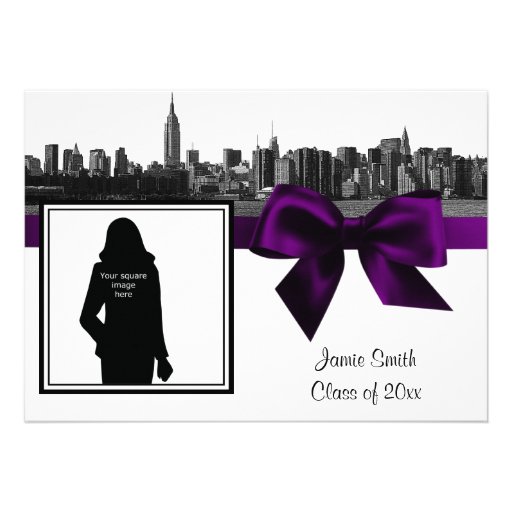 NYC Wide Skyline Etched BW Purple Photo Graduation Personalized Invitations