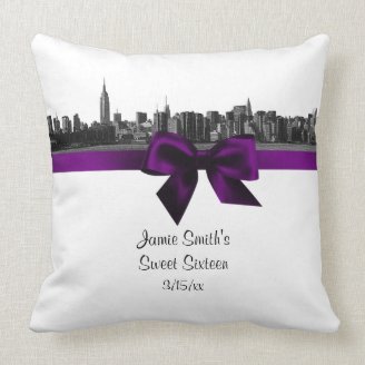 NYC Wide Skyline Etched BW Purple Pillow