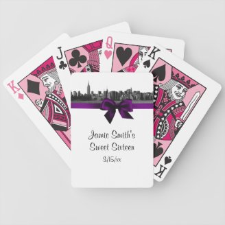 NYC Wide Skyline Etched BW Purple Playing Cards
