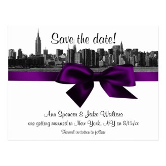 NYC Wide Skyline Etched BW Purple Save the Date Post Card