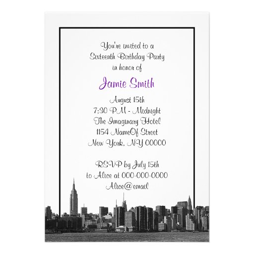 NYC Wide Skyline Etched BW Purple Sweet Sixteen Personalized Invite
