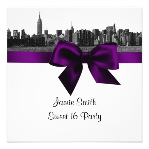 NYC Wide Skyline Etched BW Purple Sweet Sixteen SQ Invitation
