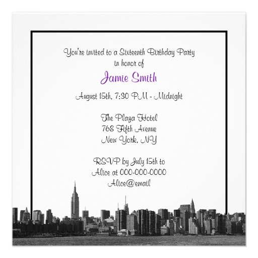 NYC Wide Skyline Etched BW Purple Sweet Sixteen SQ Invitation