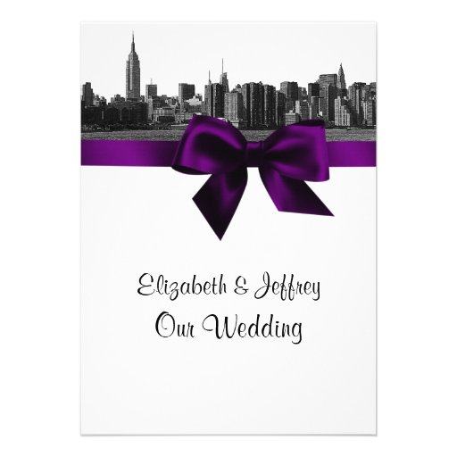 NYC Wide Skyline Etched BW Purple Wedding Personalized Announcement