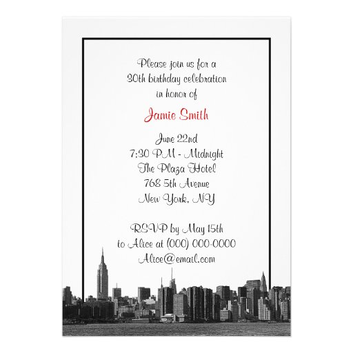 NYC Wide Skyline Etched BW Red Birthday Party Invitations