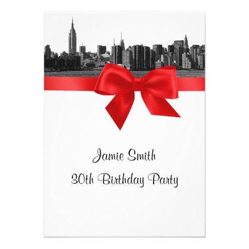 NYC Wide Skyline Etched BW Red Birthday Party Invitations