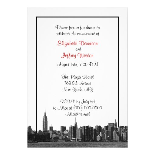 NYC Wide Skyline Etched BW Red Engagement Party Invite