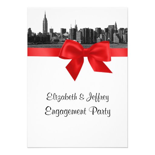 NYC Wide Skyline Etched BW Red Engagement Party Invite